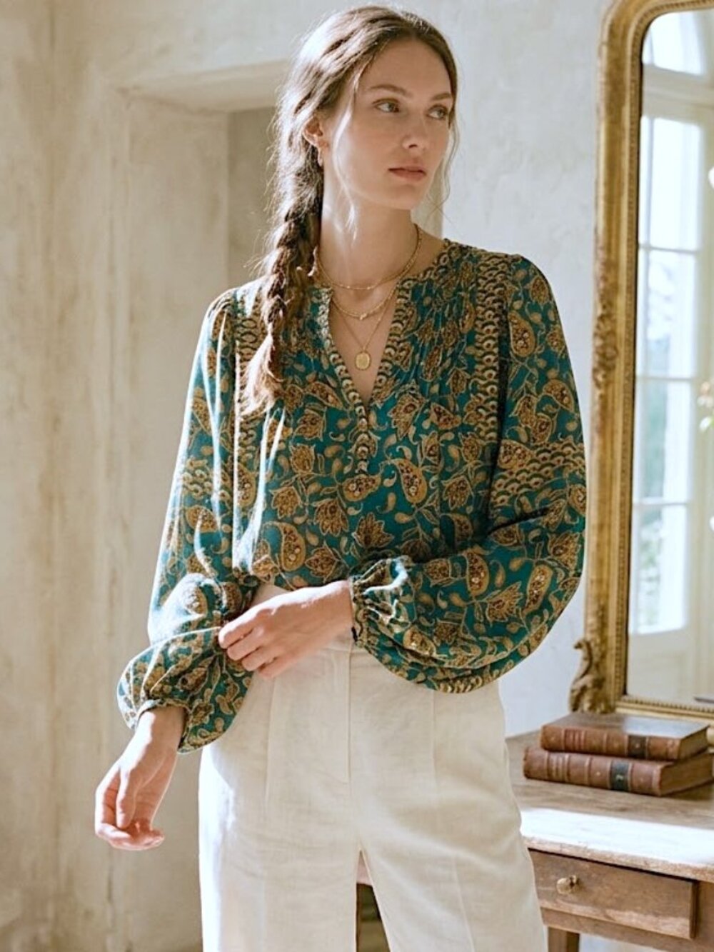 NWT Rose + Olive Split V-Neck Pintuck Balloon Sleeve Peasant Boho Blouse - Small
